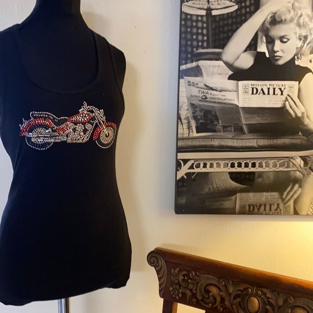 Kavio black tank top with sequined motorcycle